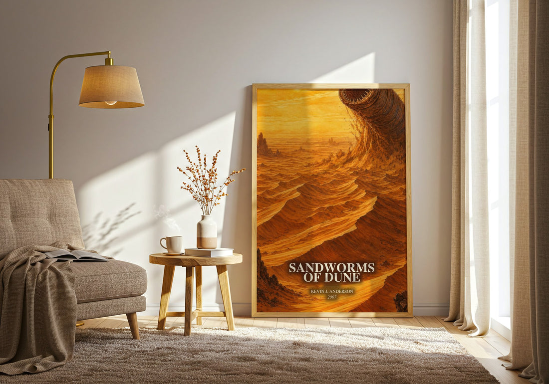 Sandworms of Dune watercolour print in frame leaning in hallway – sci fi wall art