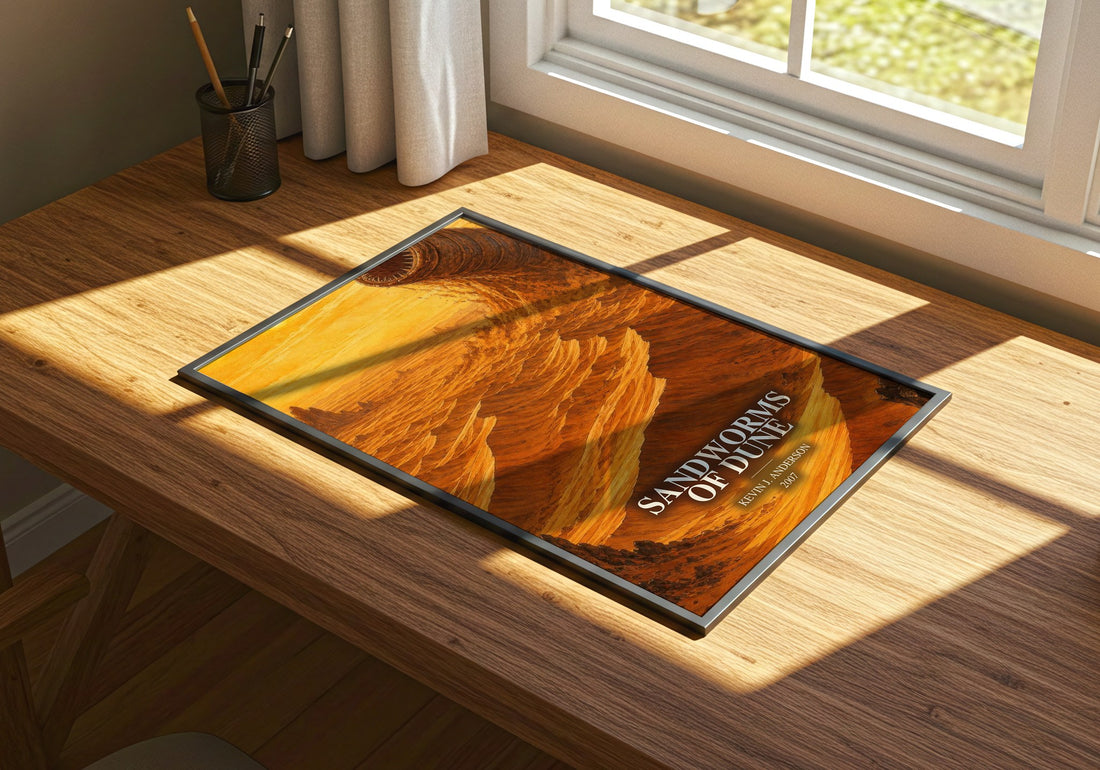 Sandworms of Dune watercolour book poster framed on wall – sci fi wall art