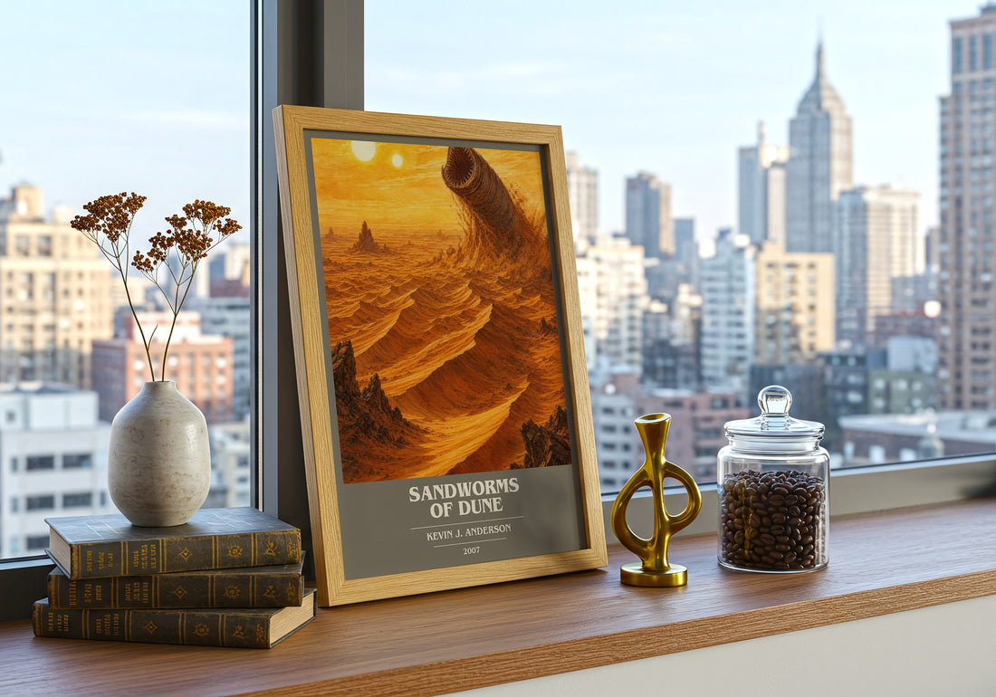 Sandworms of Dune book cover print framed by window – literary home decor