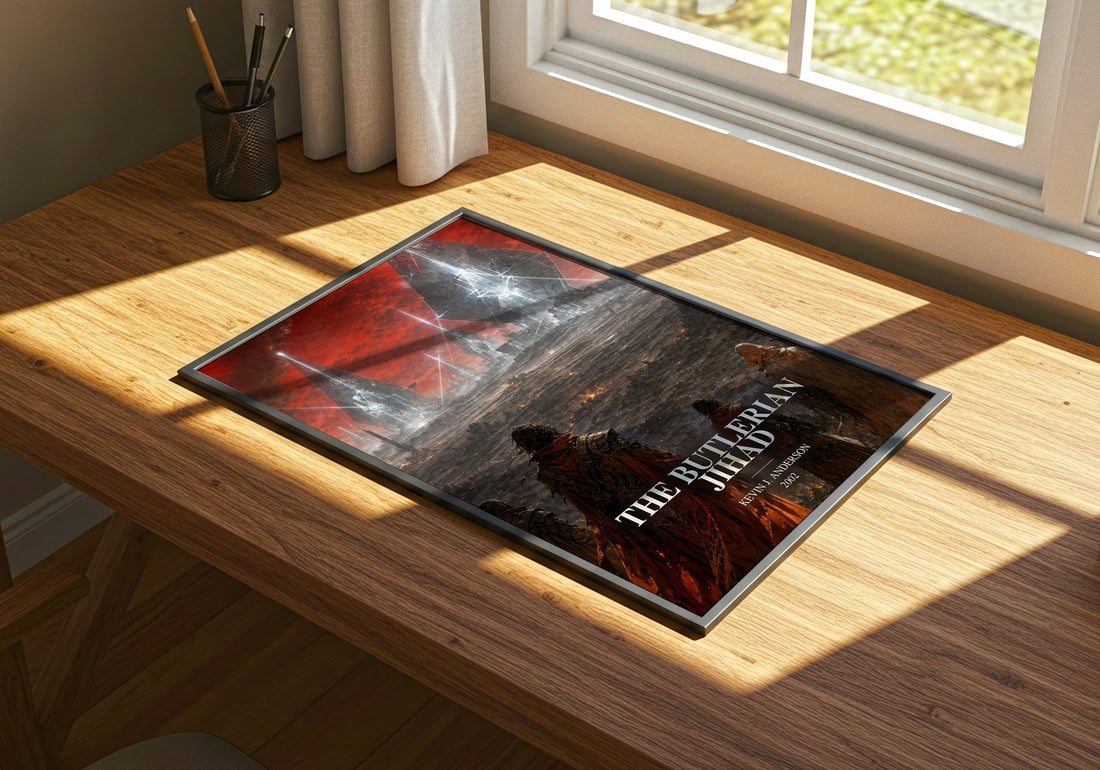 The Butlerian Jihad watercolour book poster framed on wall – sci fi wall art