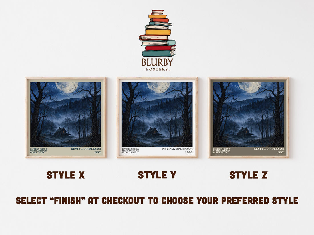Hunter's Moon & Other American Gothic Tales literary print in frame leaning in hallway – horror wall art (mockup)