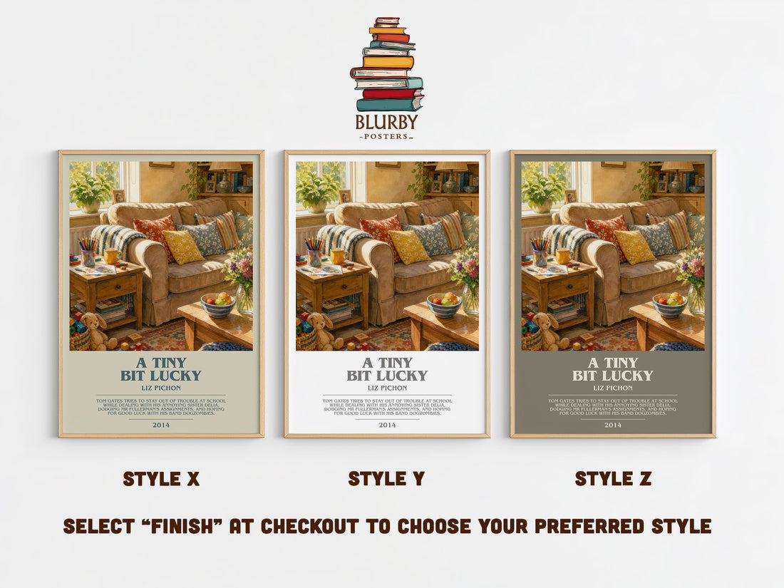 A Tiny Bit Lucky bookish print in frame leaning in hallway – childrens wall art (mockup)