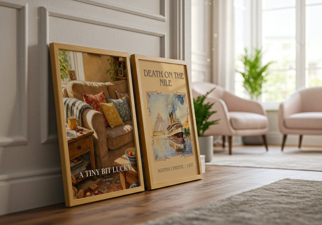 A Tiny Bit Lucky watercolour print framed by window – literary home decor