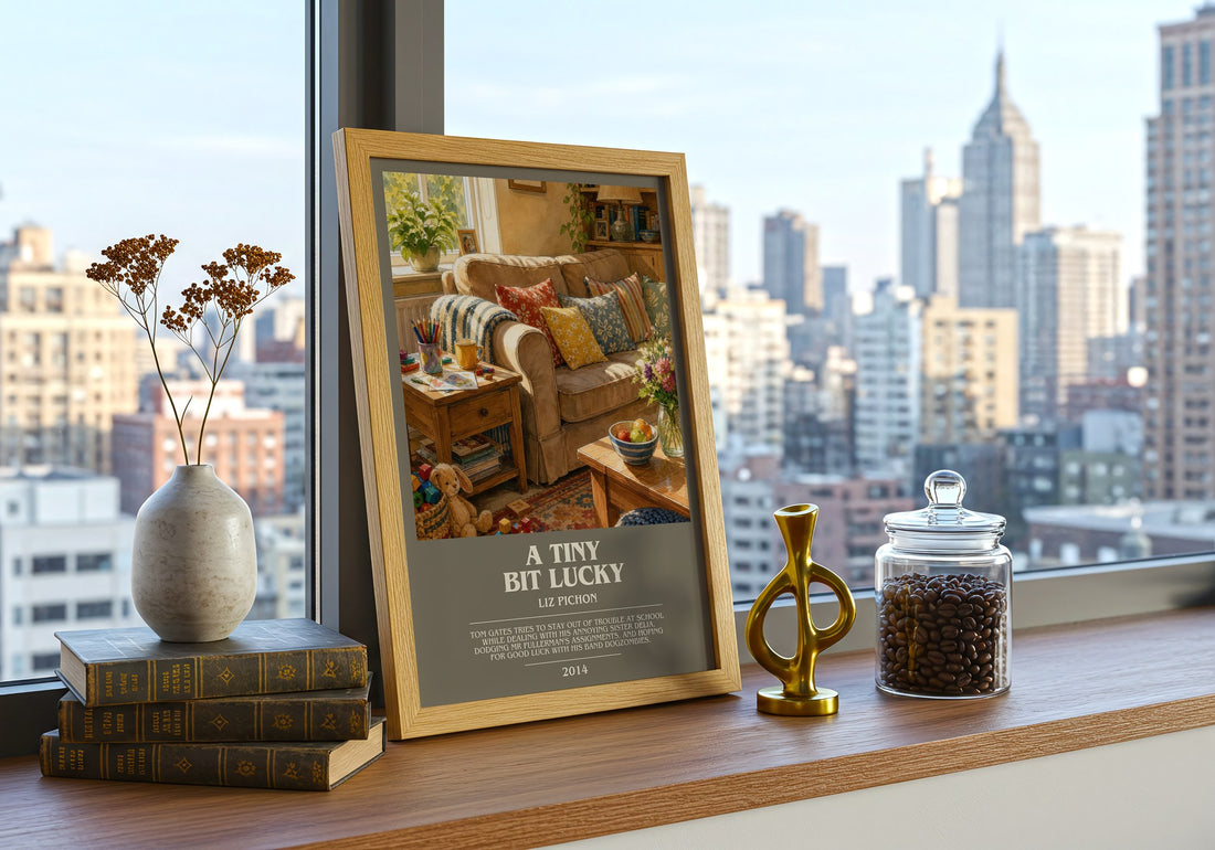 A Tiny Bit Lucky bookish print framed by window – literary home decor