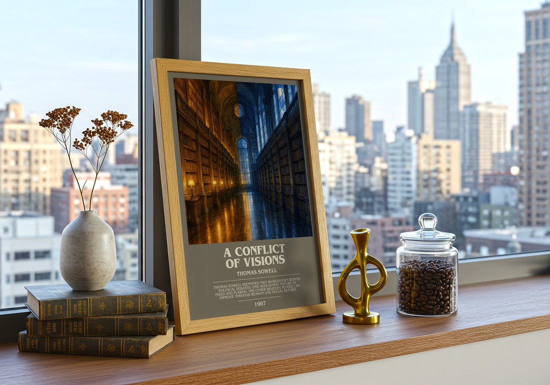 A conflict of visions bookish print framed by window – literary home decor