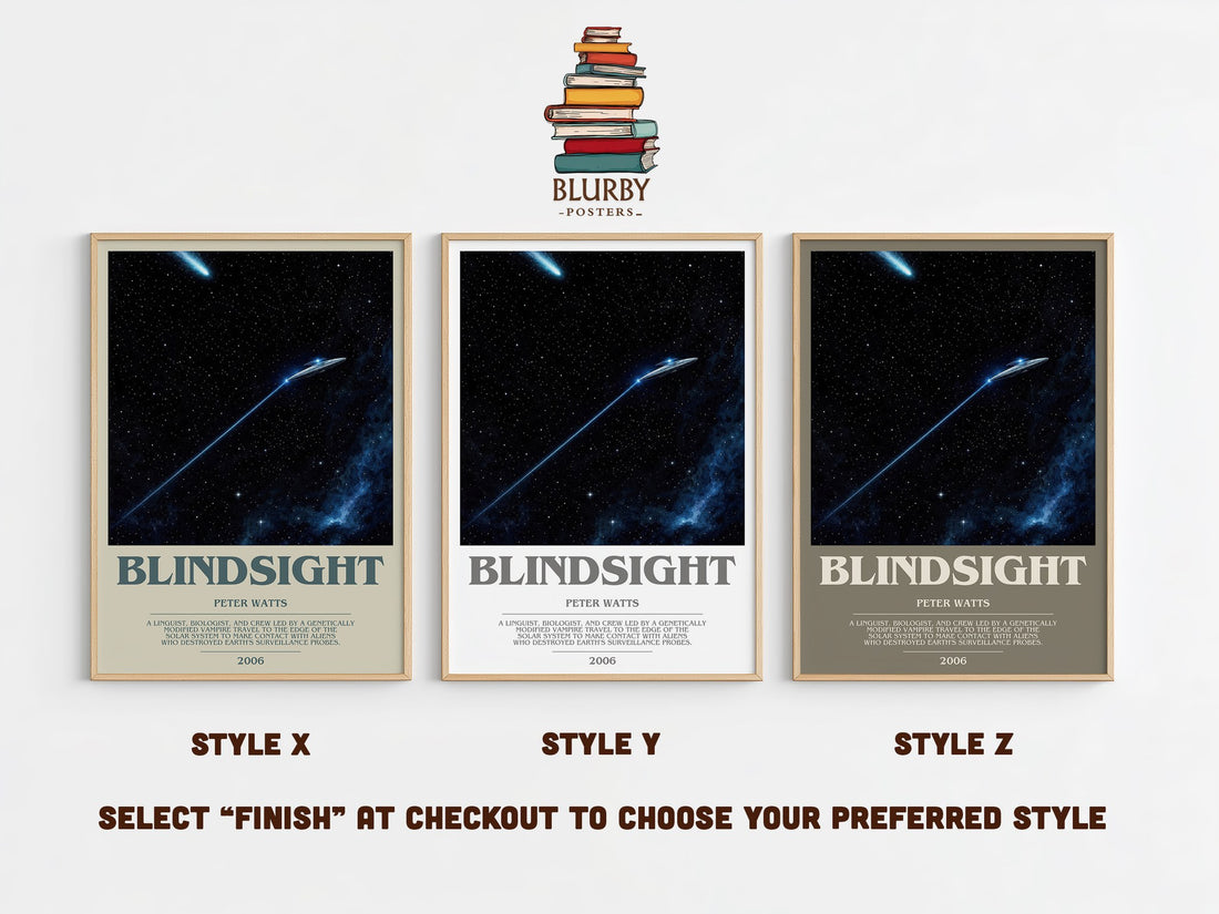 Blindsight bookish print in frame leaning in hallway – sci fi wall art (mockup)