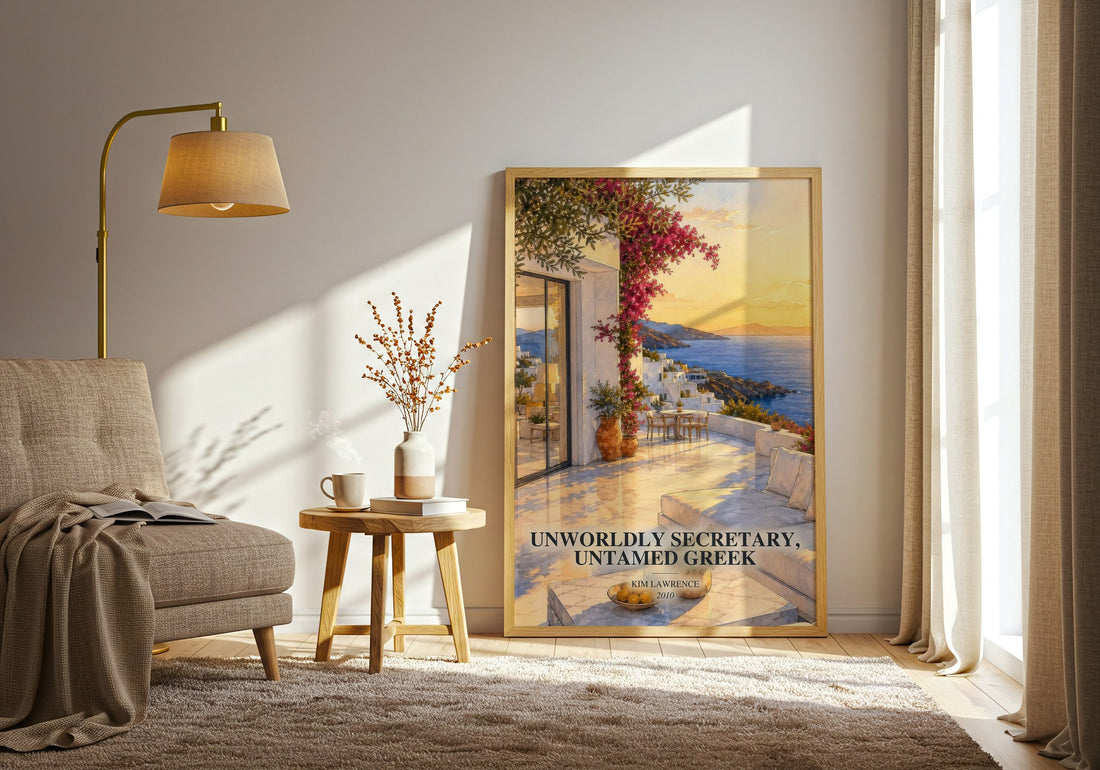 Unworldly Secretary, Untamed Greek watercolour print in frame leaning in hallway – romance wall art