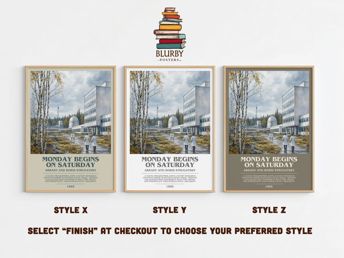 Monday Begins on Saturday bookish print in frame leaning in hallway – sci fi wall art (mockup)