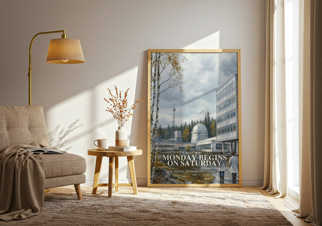 Monday Begins on Saturday watercolour print in frame leaning in hallway – sci fi wall art