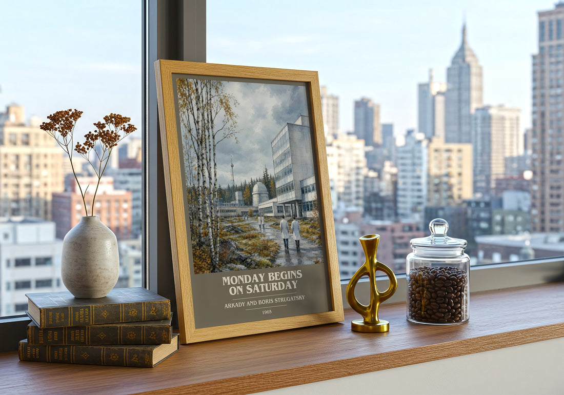 Monday Begins on Saturday book cover print framed by window – literary home decor