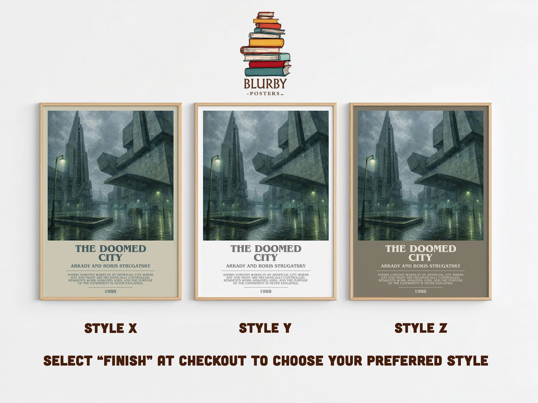 The Doomed City bookish print in frame leaning in hallway – dystopian wall art (mockup)