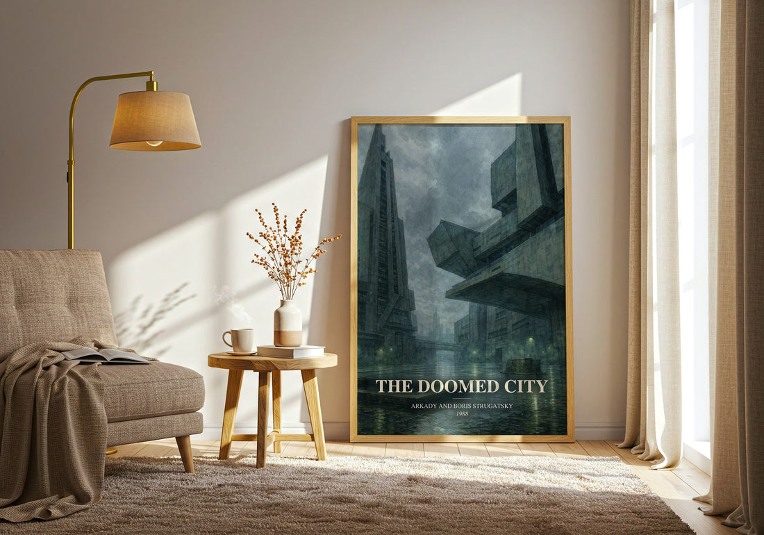 The Doomed City watercolour print in frame leaning in hallway – dystopian wall art