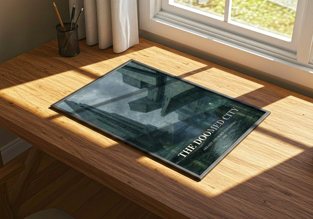 The Doomed City watercolour book poster framed on wall – dystopian wall art