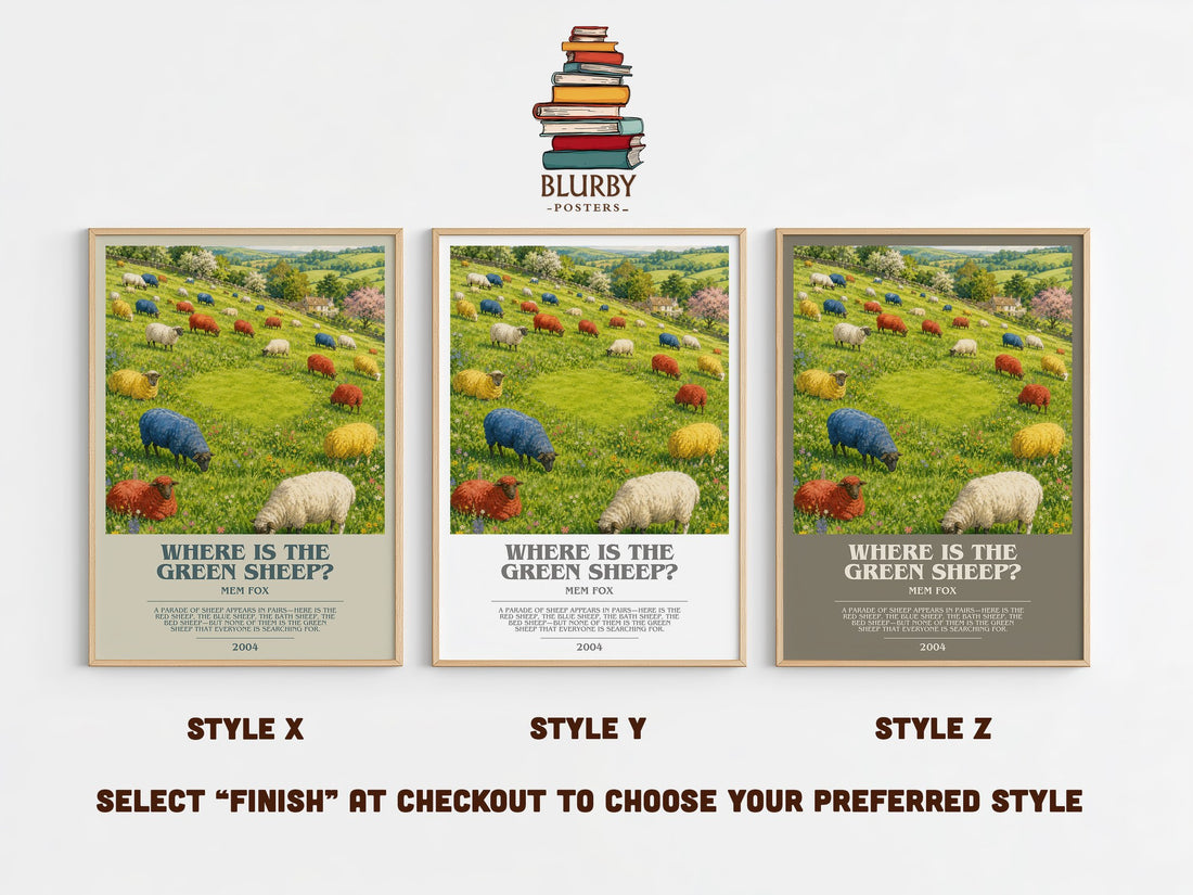 Where is the green sheep? bookish print in frame leaning in hallway – childrens wall art (mockup)