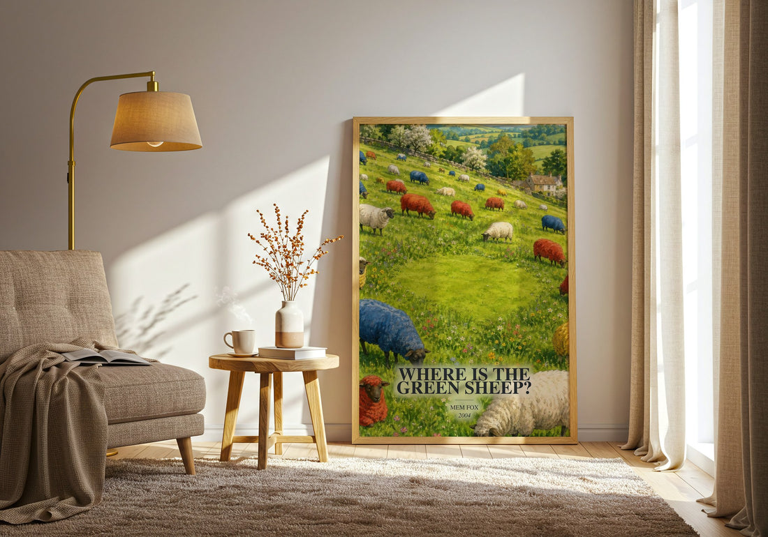 Where is the green sheep? watercolour print in frame leaning in hallway – childrens wall art