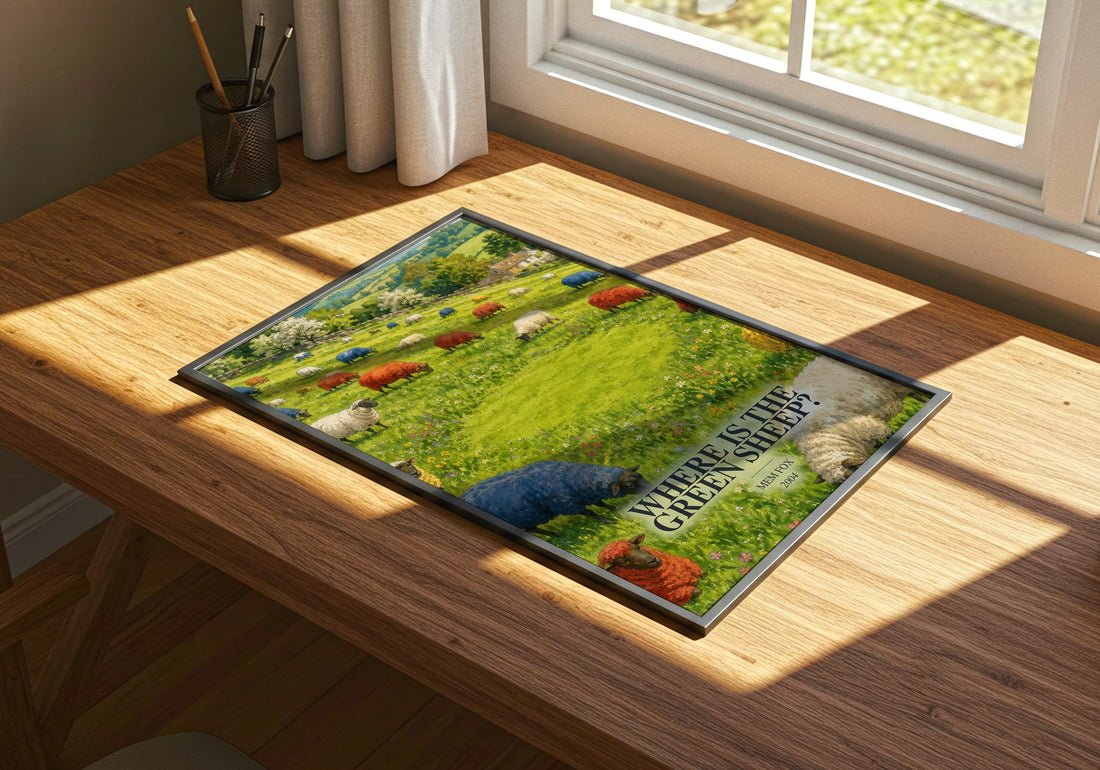 Where is the green sheep? watercolour book poster framed on wall – childrens wall art