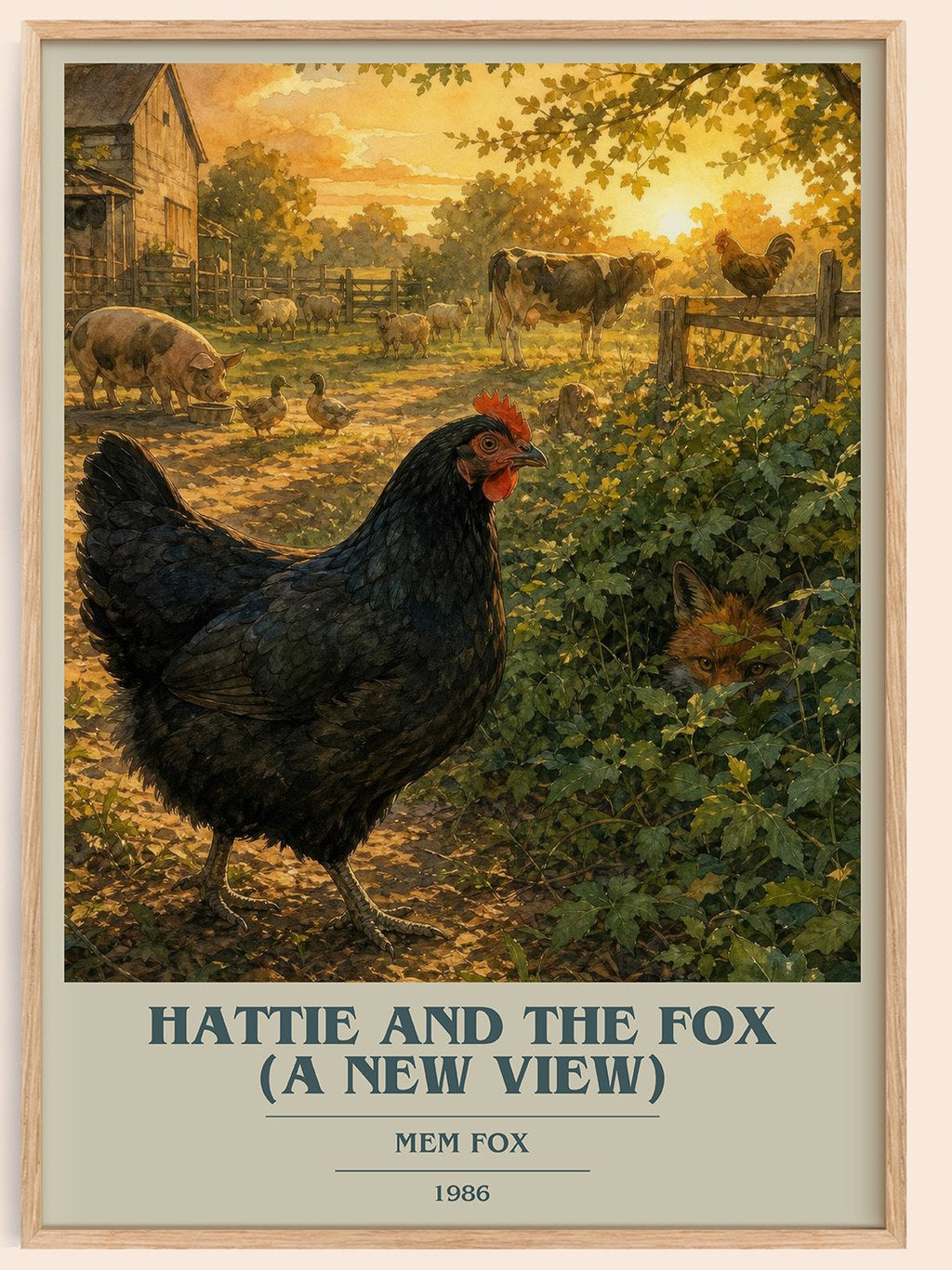 Hattie and the fox (A New View) book cover book poster by Mem Fox – framed literary art print