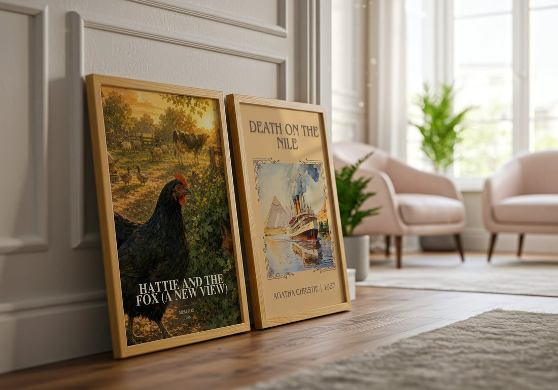 Hattie and the fox (A New View) watercolour print framed by window – literary home decor