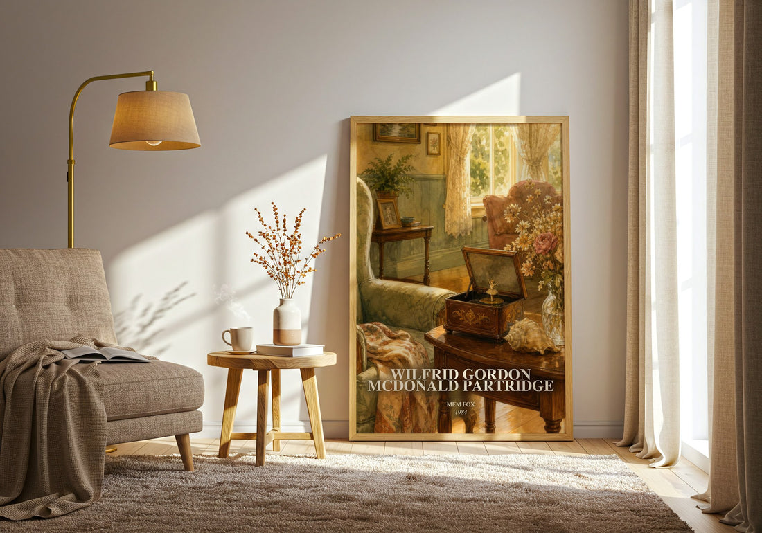 Wilfrid Gordon McDonald Partridge watercolour print in frame leaning in hallway – childrens wall art