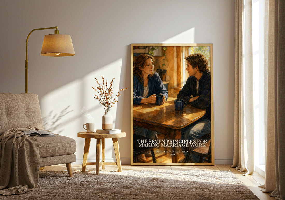 The seven principles for making marriage work watercolour print in frame leaning in hallway – non fiction wall art