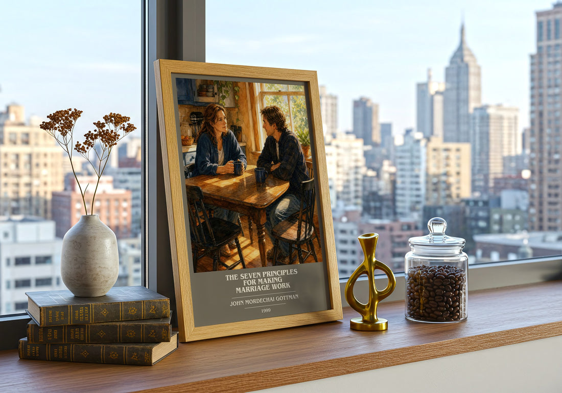 The seven principles for making marriage work book cover print framed by window – literary home decor