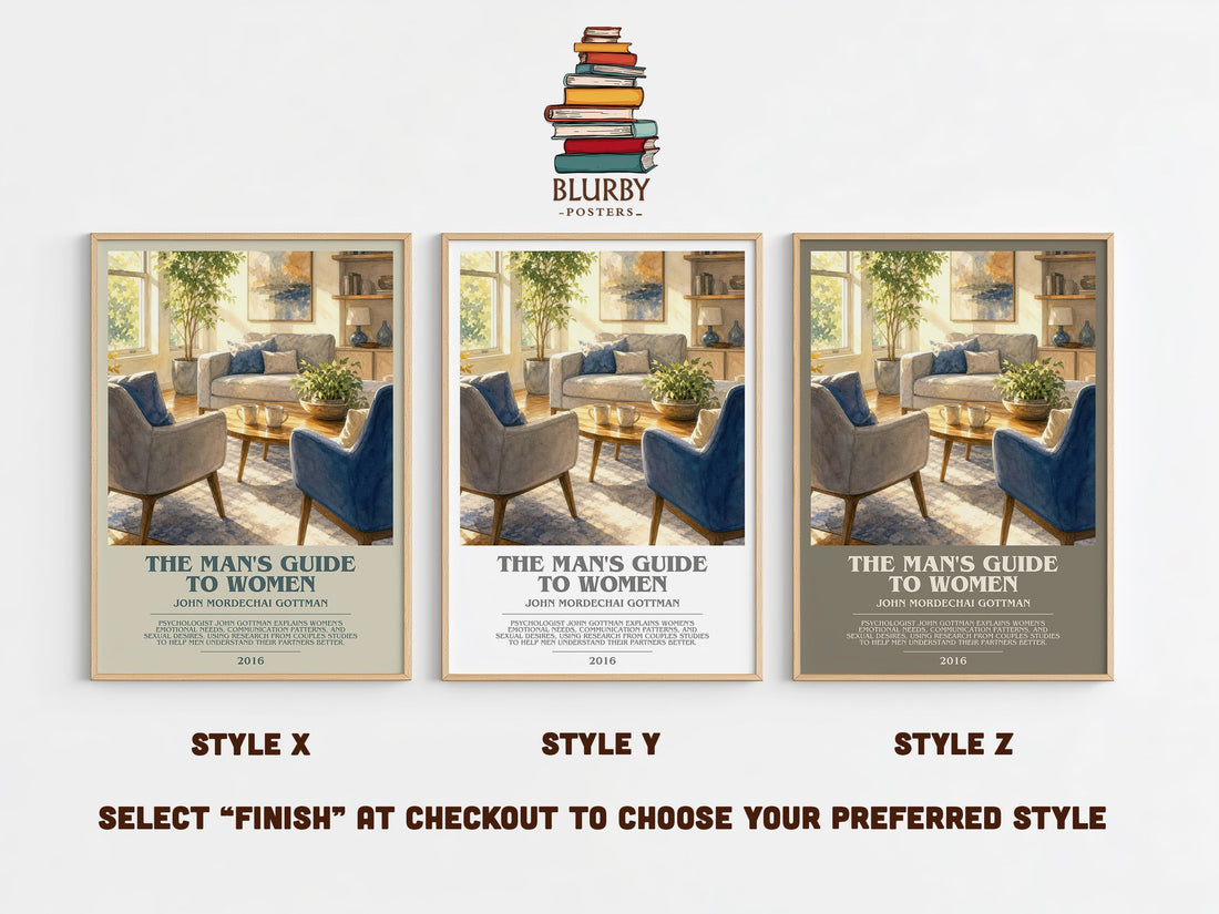 The man's guide to women bookish print in frame leaning in hallway – non fiction wall art (mockup)