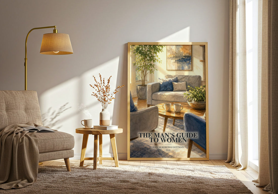 The man's guide to women watercolour print in frame leaning in hallway – non fiction wall art