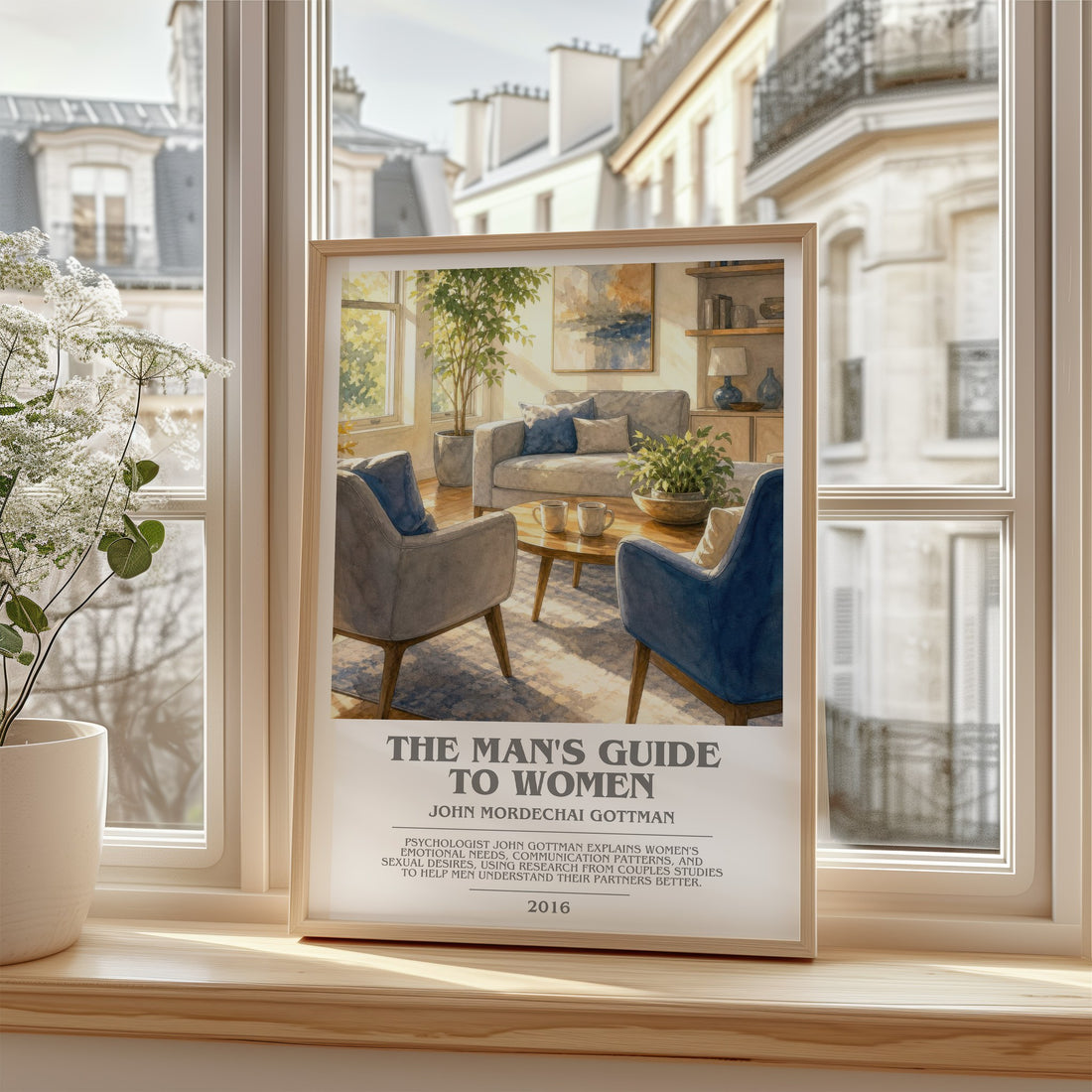 The man's guide to women Bookish Wall Art by John Mordechai Gottman – framed print by a bright window