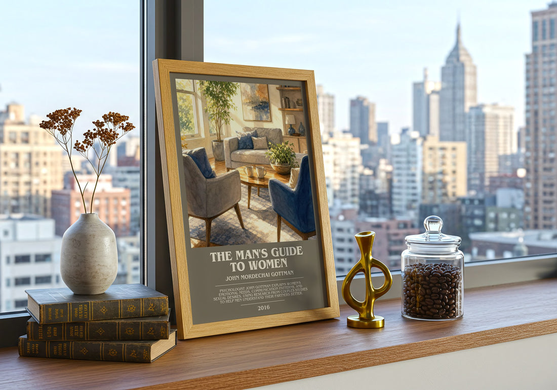 The man's guide to women Bookish Wall Art by John Mordechai Gottman – framed print on a city-view windowsill
