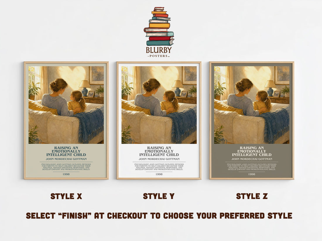 Raising an emotionally intelligent child bookish print in frame leaning in hallway – non fiction wall art (mockup)