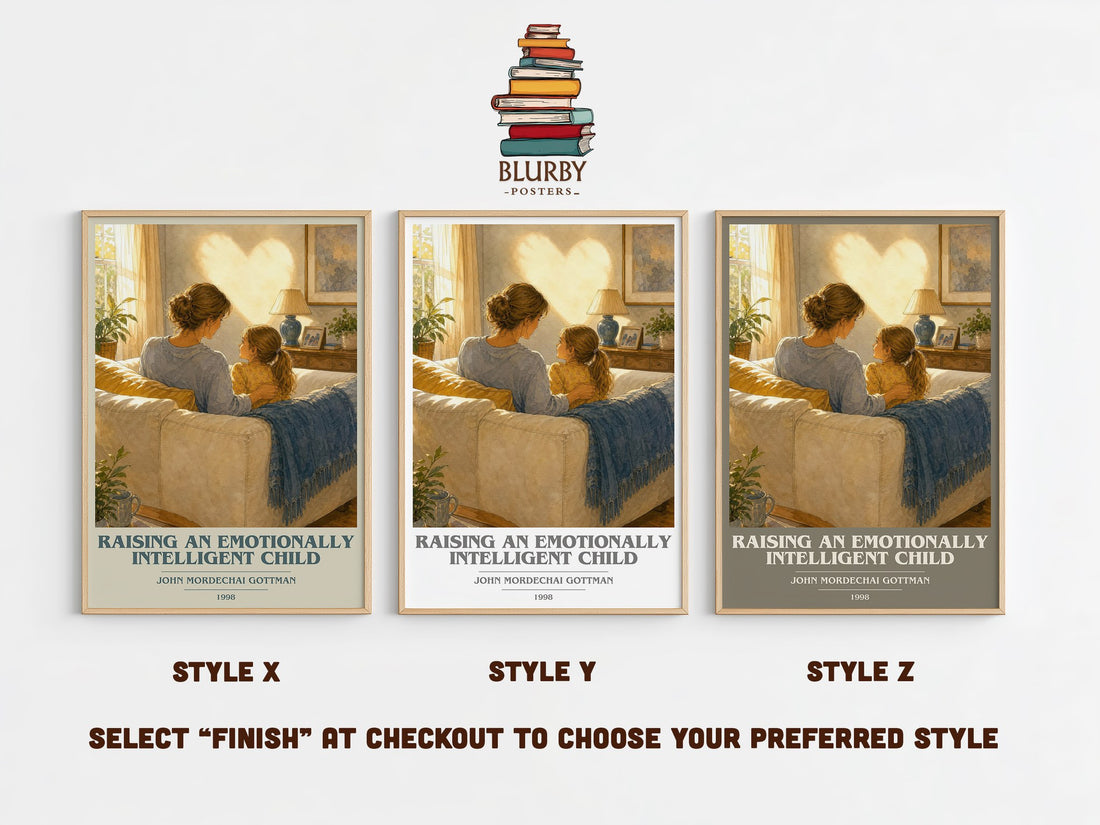 Raising an emotionally intelligent child book cover print in frame leaning in hallway – non fiction wall art (mockup)