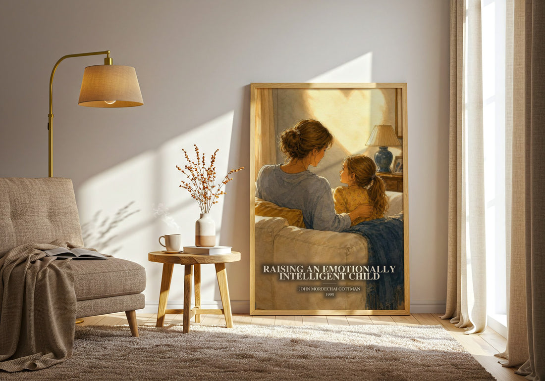 Raising an emotionally intelligent child watercolour print in frame leaning in hallway – non fiction wall art