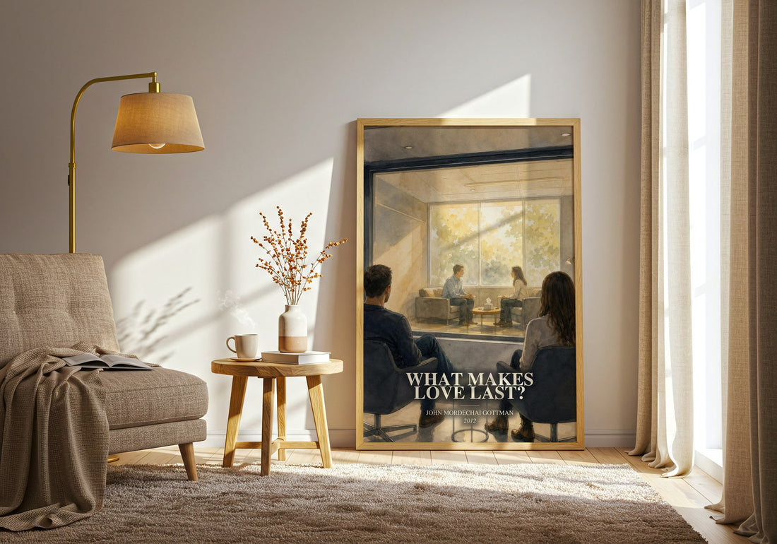 What makes love last? watercolour print in frame leaning in hallway – non fiction wall art