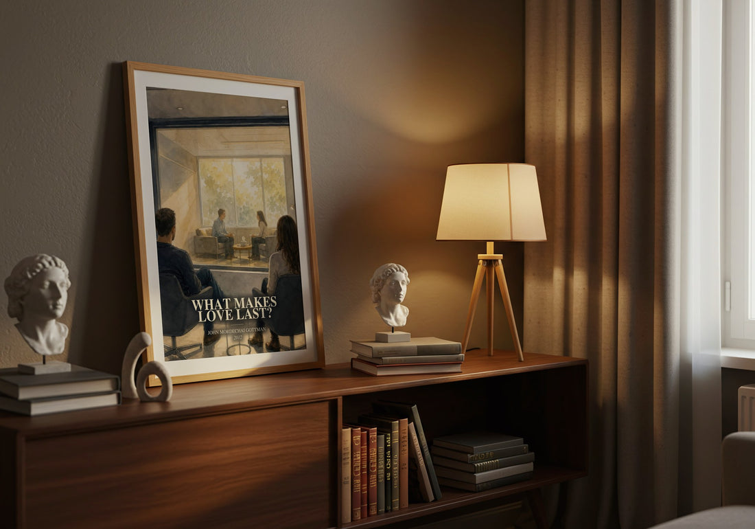 What makes love last? watercolour print on bookshelf – John Mordechai Gottman fan gift