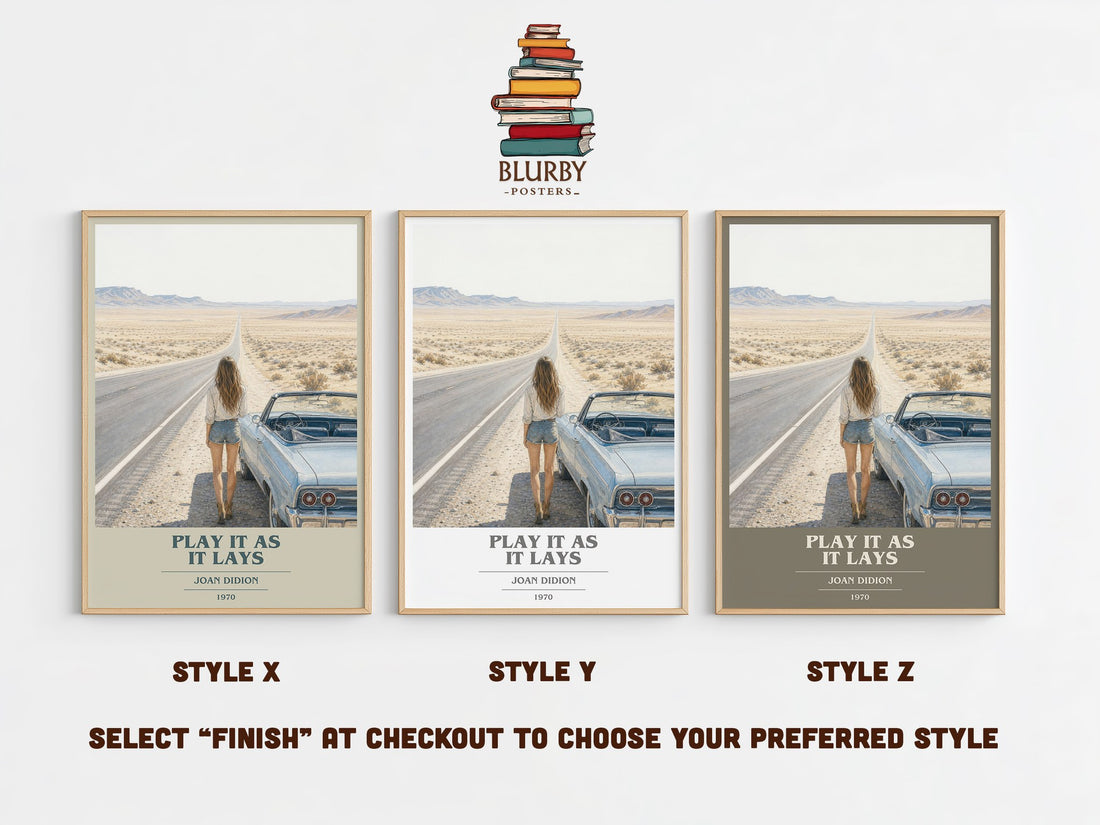 Play It as It Lays book cover print in frame leaning in hallway – literary fiction wall art (mockup)
