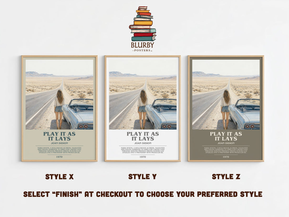 Play It as It Lays bookish print in frame leaning in hallway – literary fiction wall art (mockup)