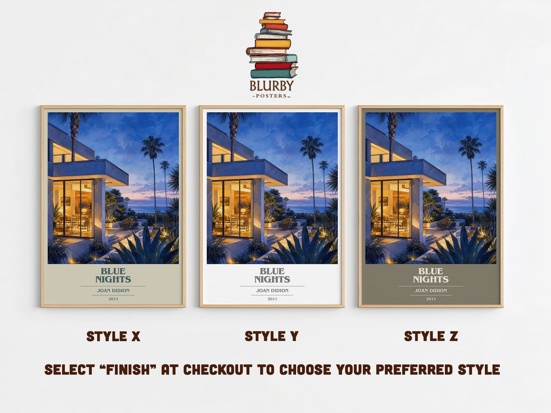 Blue nights book cover print in frame leaning in hallway – memoir wall art (mockup)