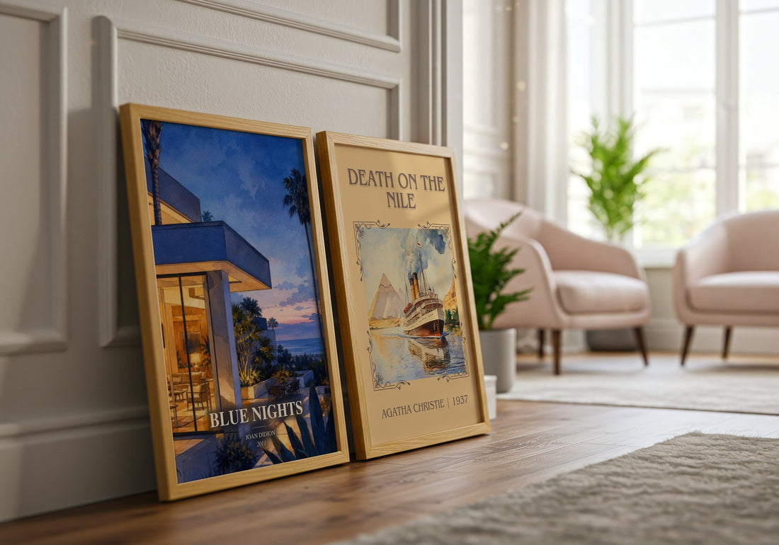 Blue nights watercolour print framed by window – literary home decor