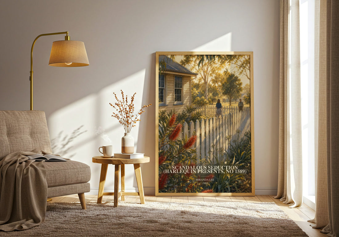 Scandalous Seduction (Harlequin Presents, No 1589) watercolour print in frame leaning in hallway – romance wall art