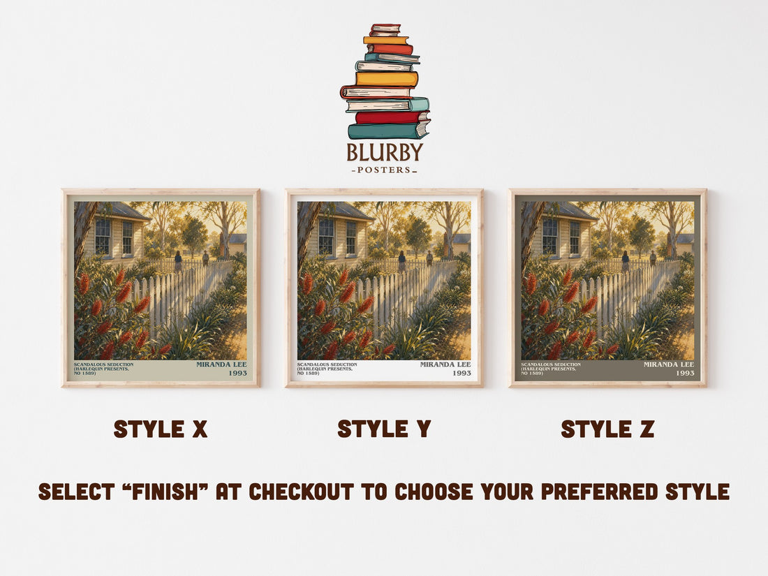 Scandalous Seduction (Harlequin Presents, No 1589) literary print in frame leaning in hallway – romance wall art (mockup)