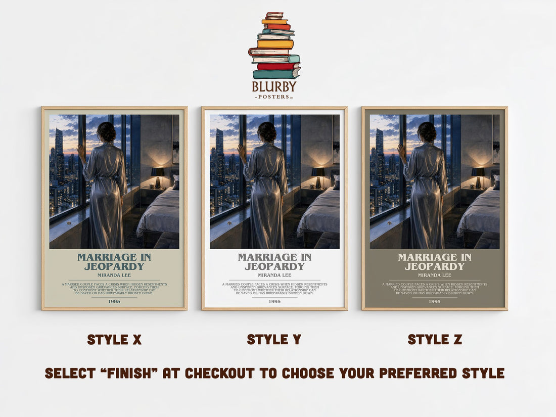 Marriage In Jeopardy bookish print in frame leaning in hallway – romance wall art (mockup)