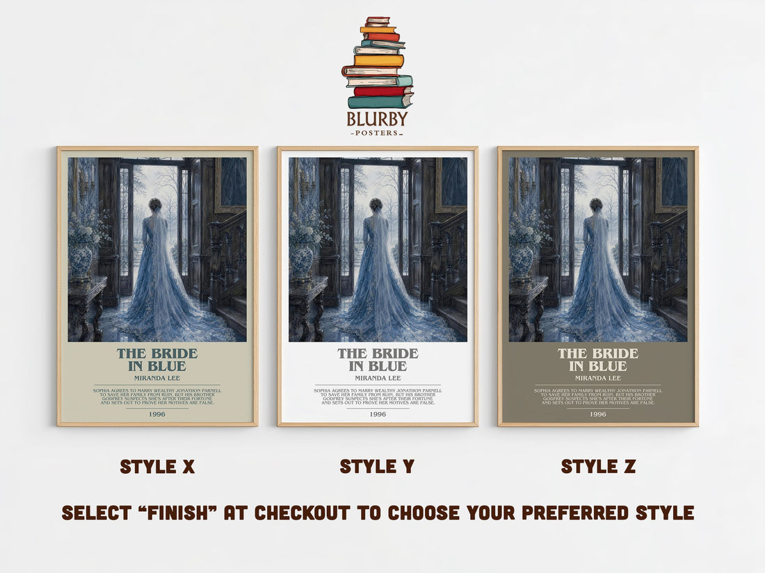 The Bride In Blue bookish print in frame leaning in hallway – romance wall art (mockup)