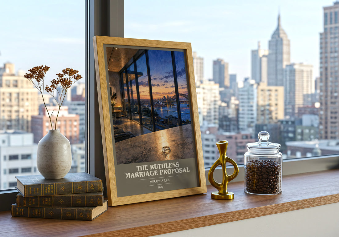 The Ruthless Marriage Proposal book cover print framed by window – literary home decor