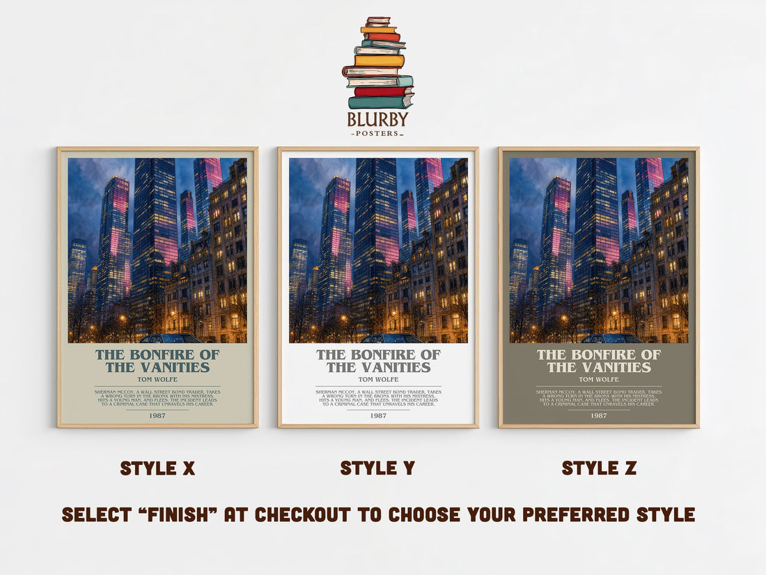 The Bonfire of the Vanities bookish print in frame leaning in hallway – satire wall art (mockup)