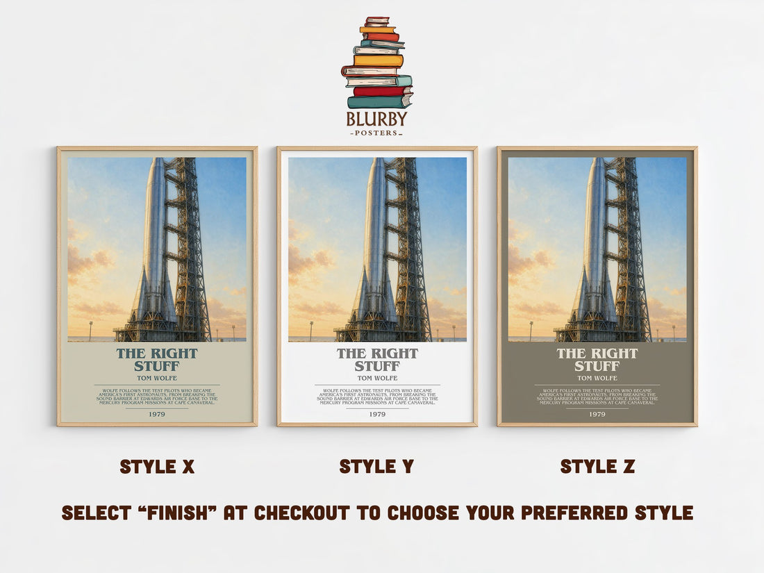 The Right Stuff bookish print in frame leaning in hallway – non fiction wall art (mockup)