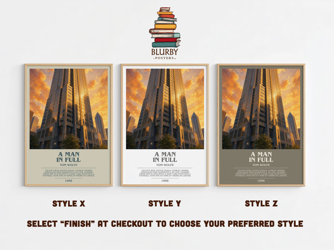 A Man in Full bookish print in frame leaning in hallway – contemporary fiction wall art (mockup)