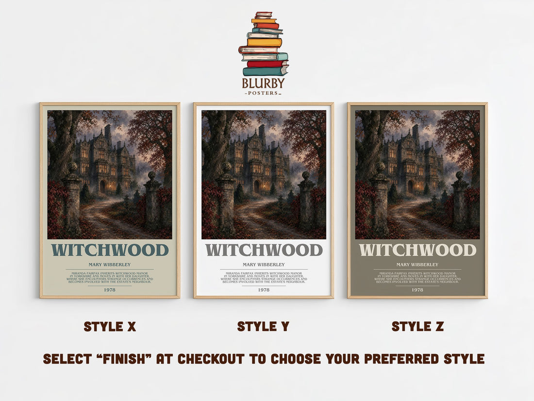 Witchwood bookish print in frame leaning in hallway – gothic wall art (mockup)
