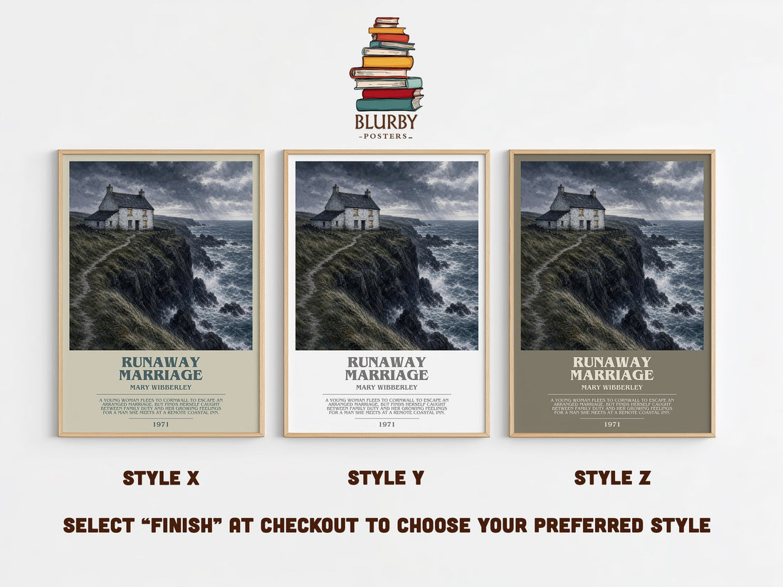 Runaway marriage bookish print in frame leaning in hallway – romance wall art (mockup)
