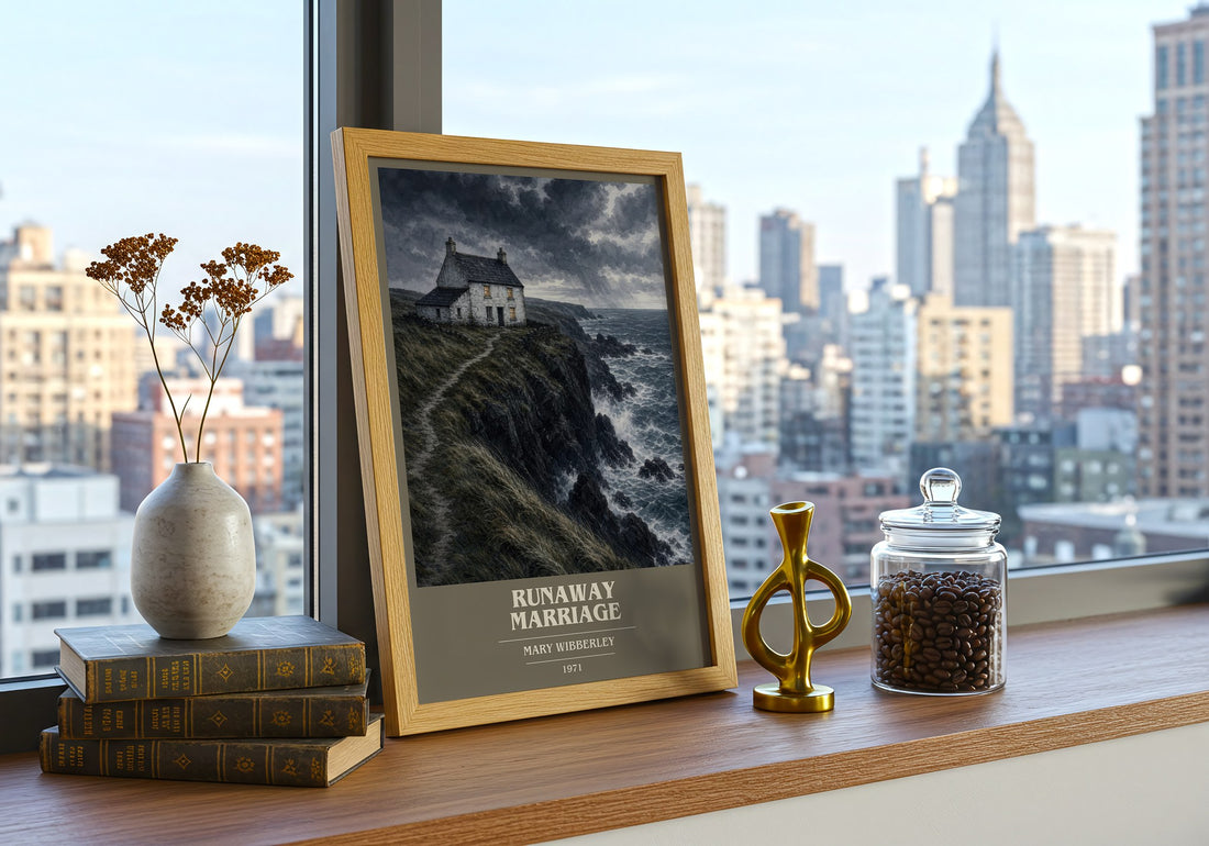 Runaway marriage book cover print framed by window – literary home decor