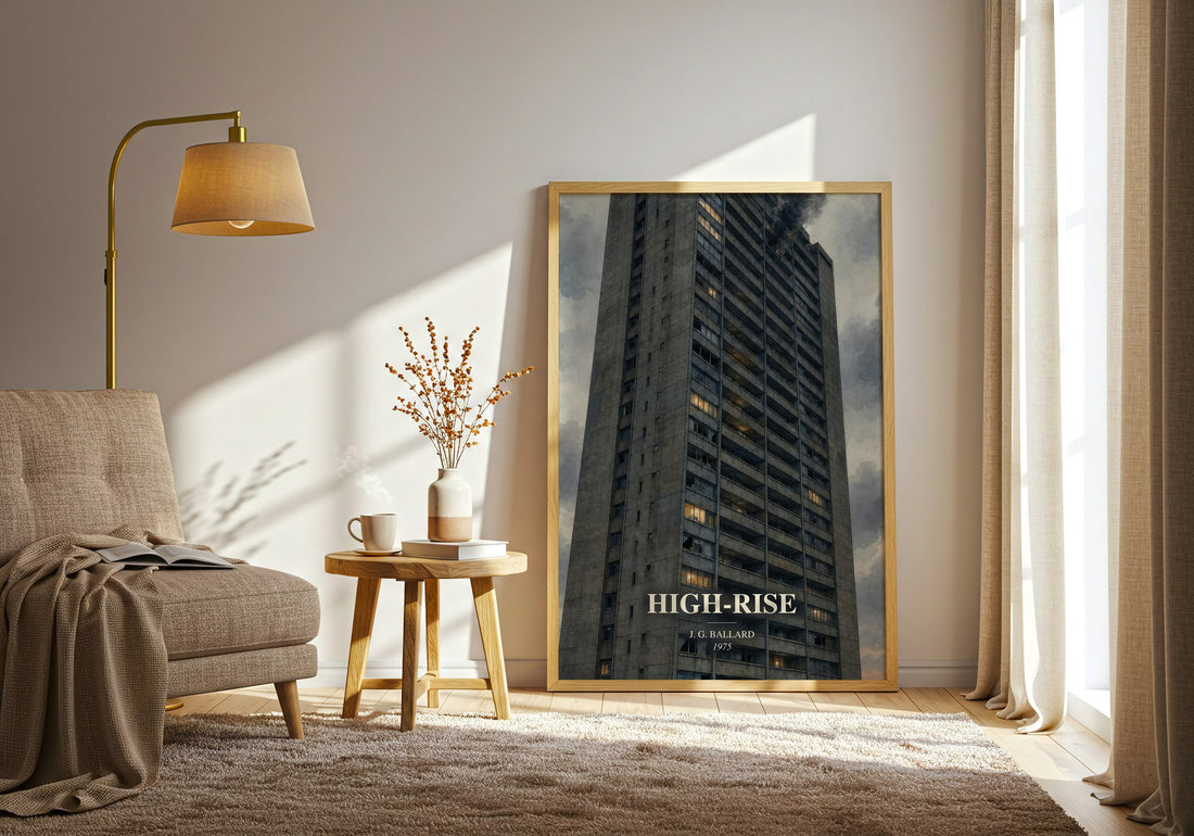 High-Rise watercolour print in frame leaning in hallway – dystopian wall art